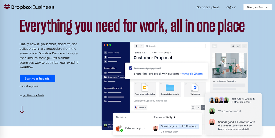 Dropbox Business website homepage