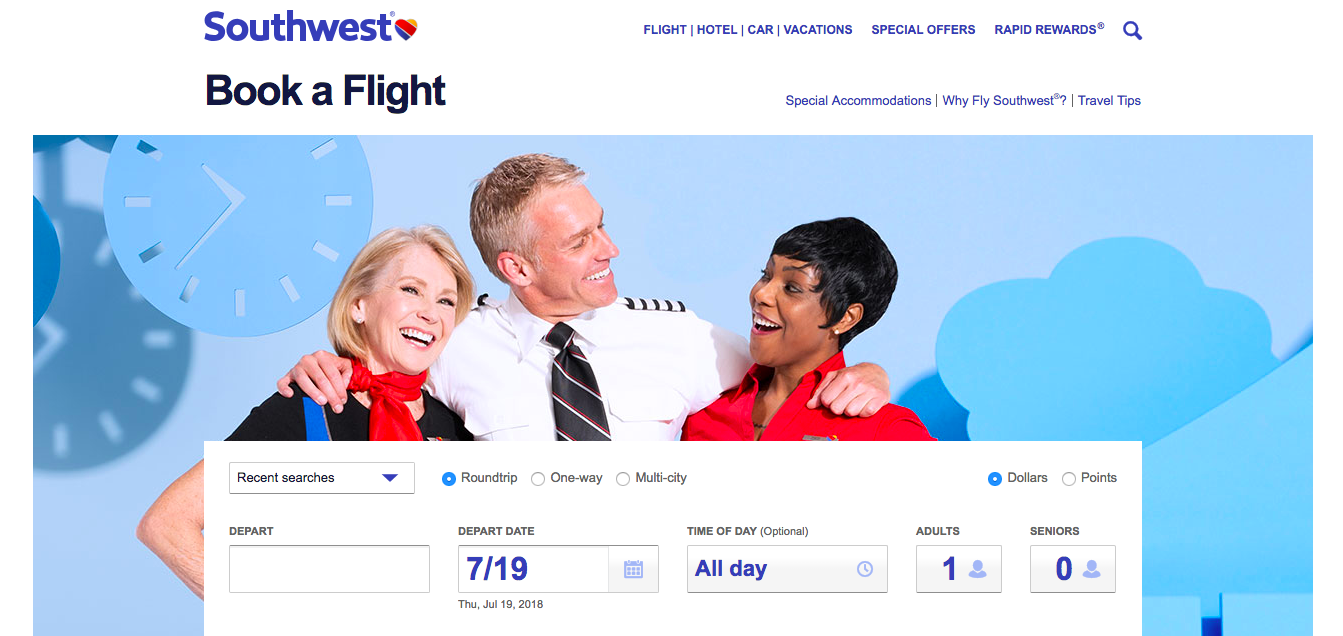 Southwest Airlines website homepage